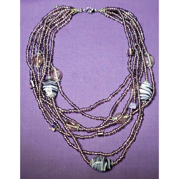 Multilayered Purple Glass Beaded Necklace, Seed Beads, Swirled Art Glass, Shell - Picture 8 of 12